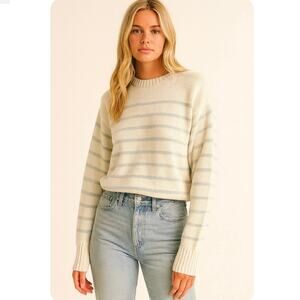 Brandi Melville Crew Neck Cotton Cream Blue Striped Cable Knit Sweater Preppy